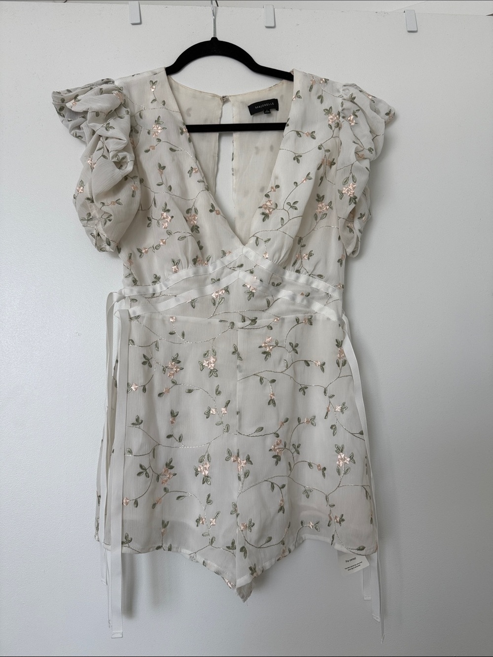 MAJORELLE Ivory Floral Embroidered Romper with Pink and Green Accents